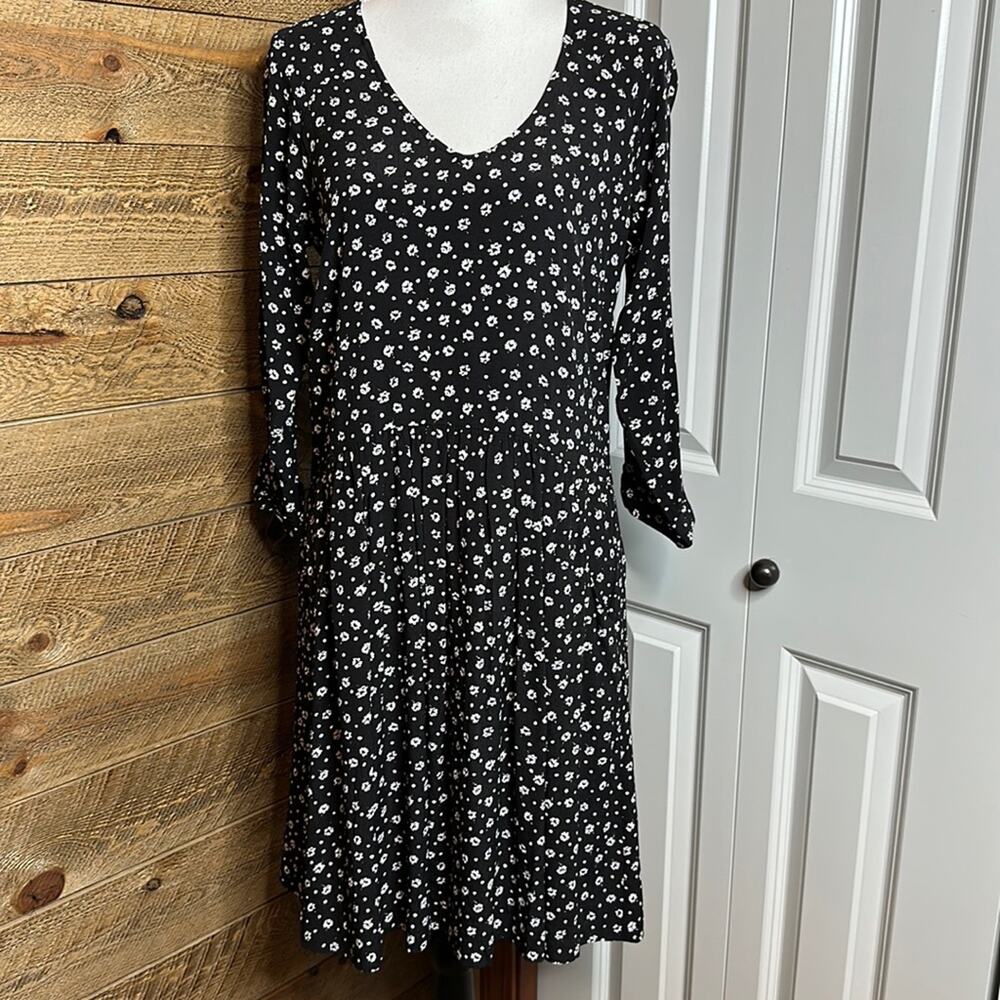 Garnet Hill Bohemian Pocket Dress Black V-Neck 3/4 Sleeve Size 4
